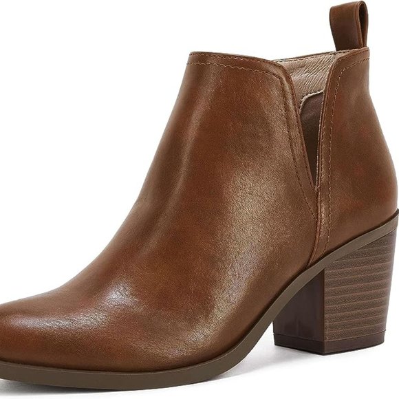 Womens Cut Out Ankle Boots Chunky Stacked Heel Almond Toe Slip on Western Bootie - Picture 5 of 5